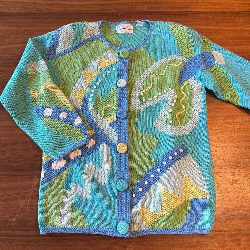 Segrets Sun Prints Vintage Hand Knit Grannycore Blue Cardigan, Cotton/Ramie Med
